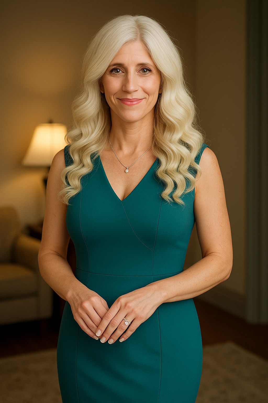 Tanya in formal business dress standing confidently