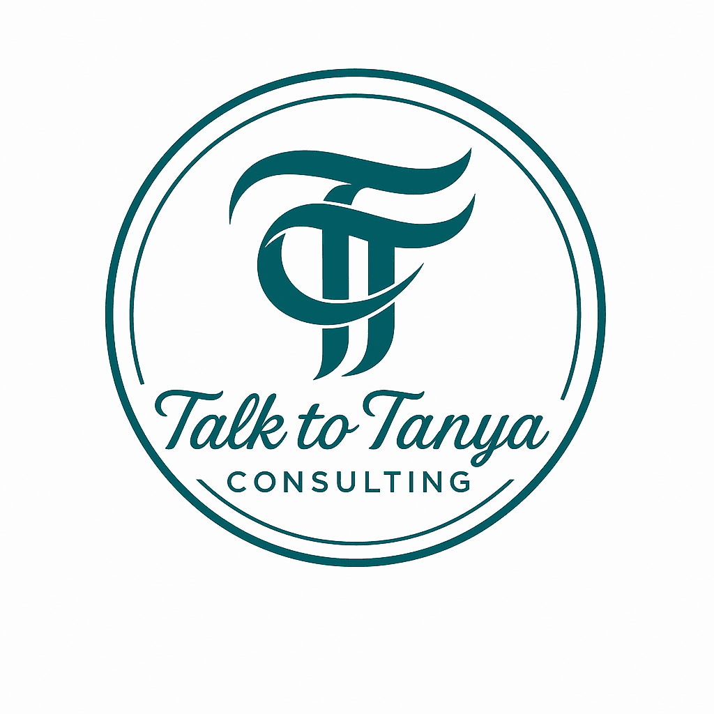 Talk to Tanya "TT" rounded monogram in teal on a white