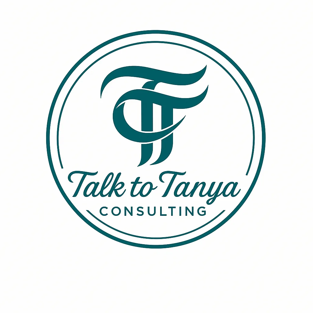 Talk to Tanya "TT" rounded monogram in teal on a white