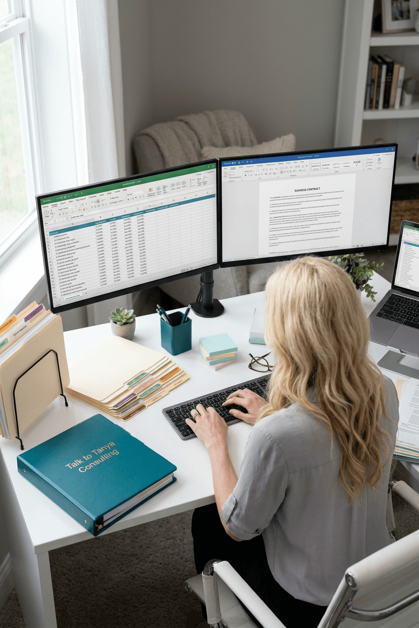 Tanya Reading Atomic Habits by James Clear Tanya Allison, small business operations consultant, working at her desk reviewing business documents