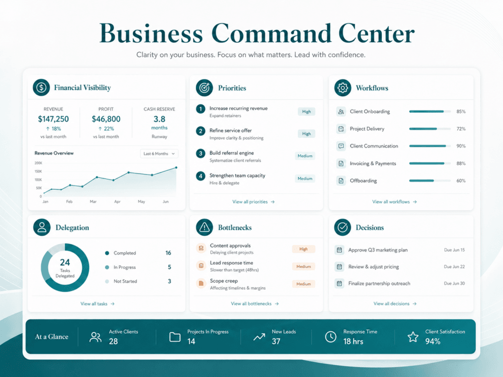 Business Command Center™ Business Command Center™ dashboard showing business priorities, financial visibility, workflows, and decisions
