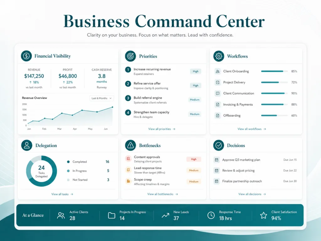 Home 2 Business Command Center™ dashboard showing business priorities, financial visibility, workflows, and decisions
