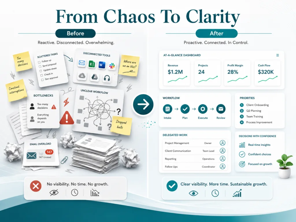 Before and after comparison of the Business Clarity System. Showing business chaos transformed into clear organized operations. 