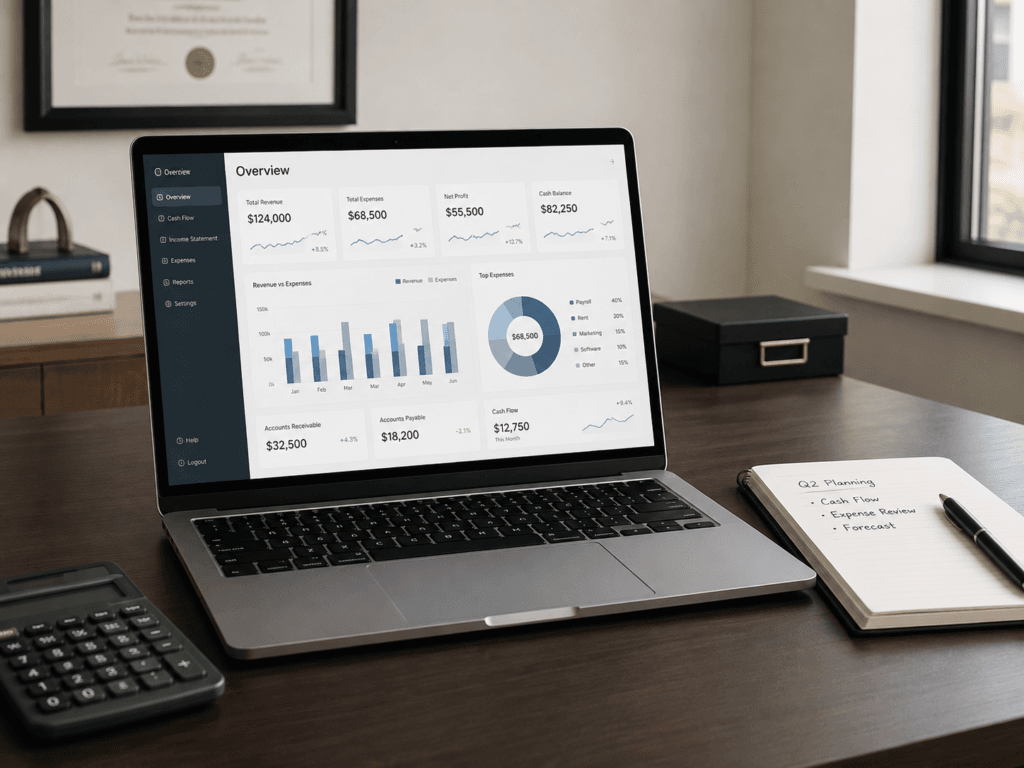 Laptop displaying a financial dashboard with revenue, expenses, profit, cash flow, and business planning notes for executive decision-making.