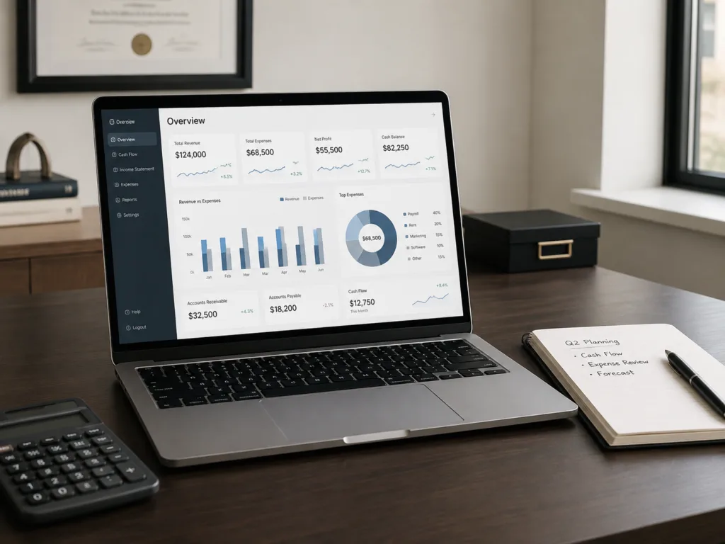 Laptop displaying a financial dashboard with revenue, expenses, profit, cash flow, and business planning notes for executive decision-making.